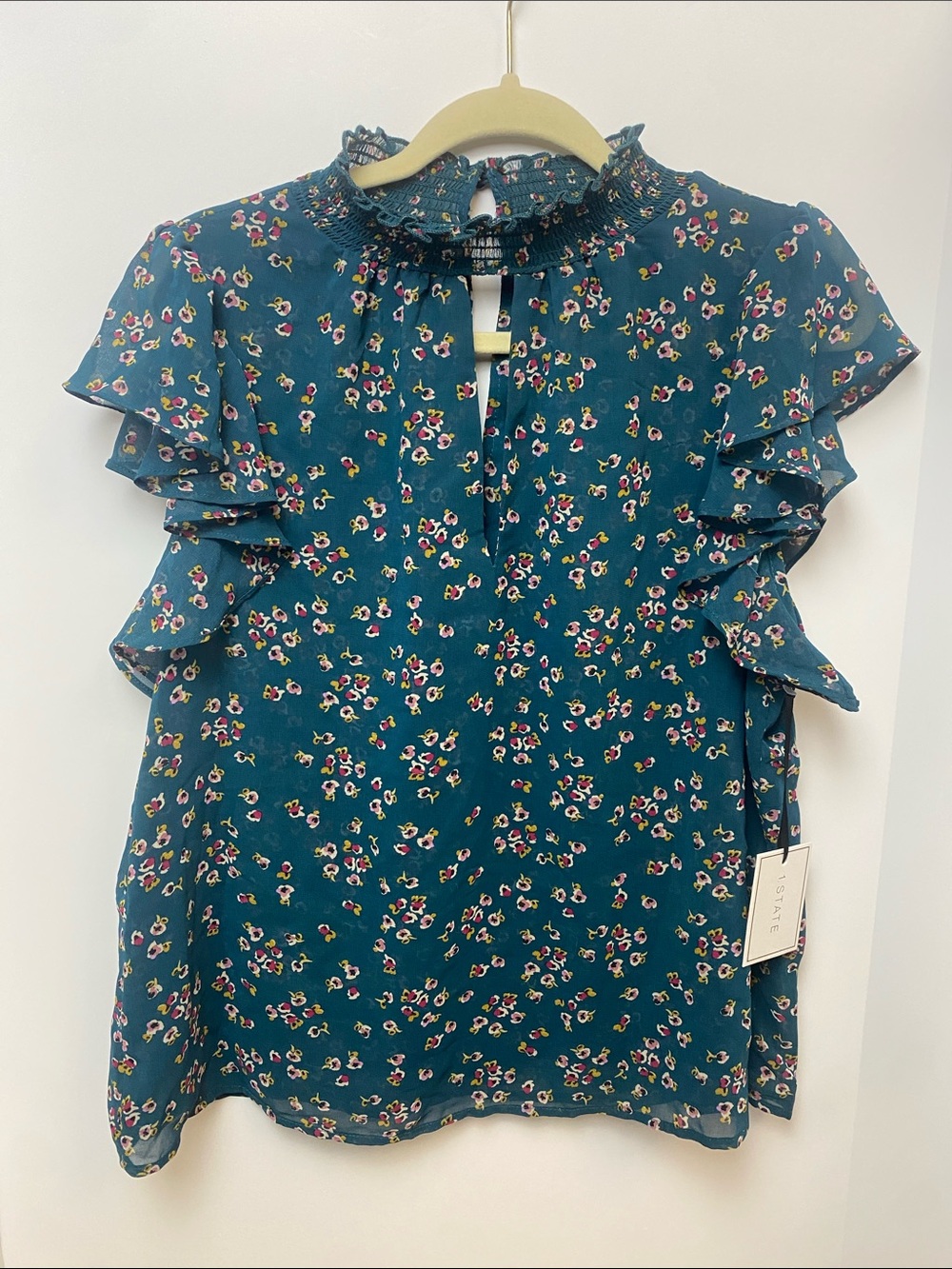 1. State Teal Floral Ruffle Sleeve Smocked Neck Blouse